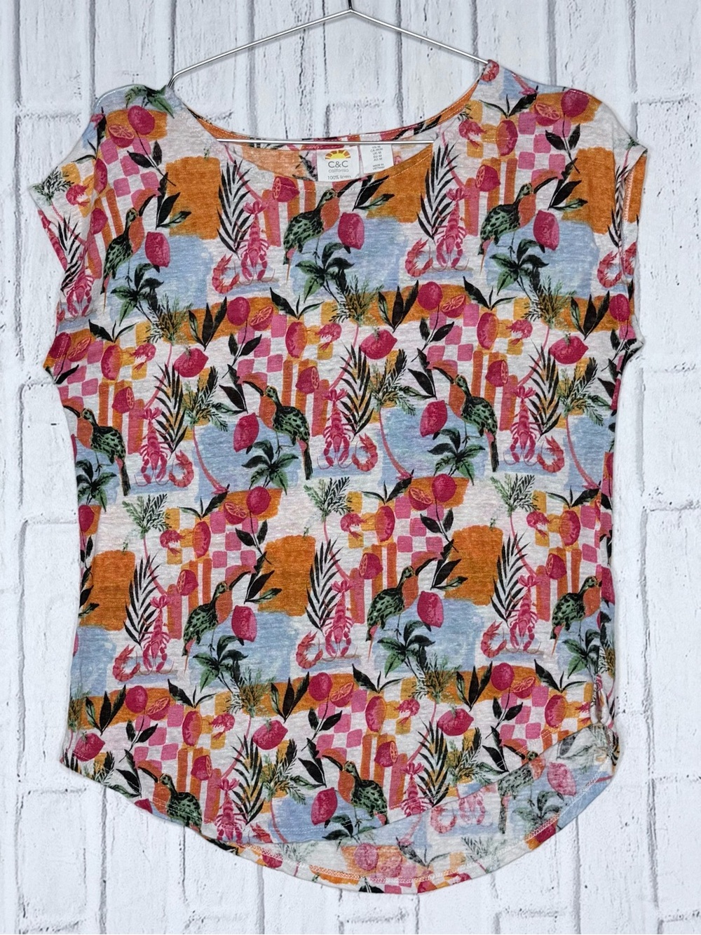 🌺 C&C California 100% Linen Tropical Bird Floral Print Top Size M